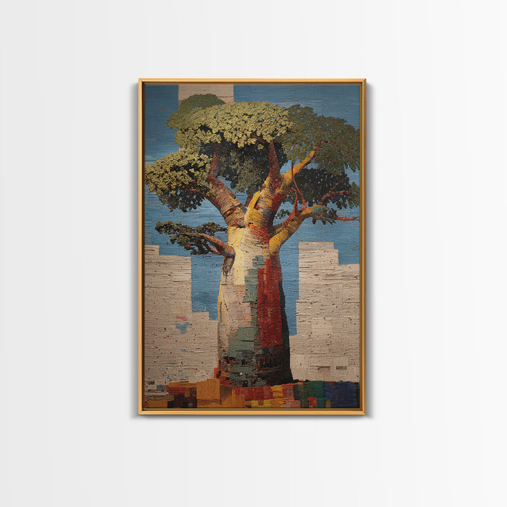 Textured Baobab Tree Mosaic Wall Art, African Landscape, Modern African Art Print, Earth Tone Living Room Decor Gift For Home