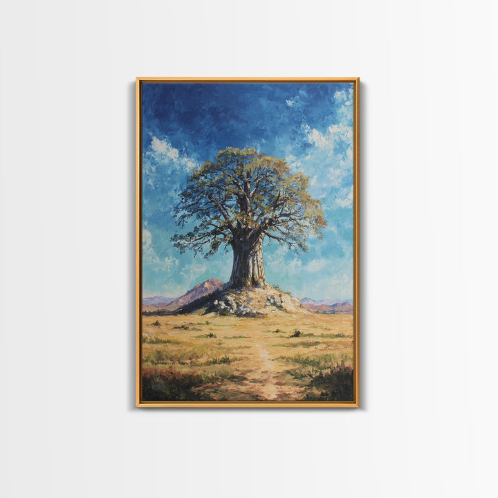 Lone Baobab Desert Path Framed Canvas Print, African Landscape, Blue Sky Painting, Nature Wall Decor, Unique Housewarming Gift