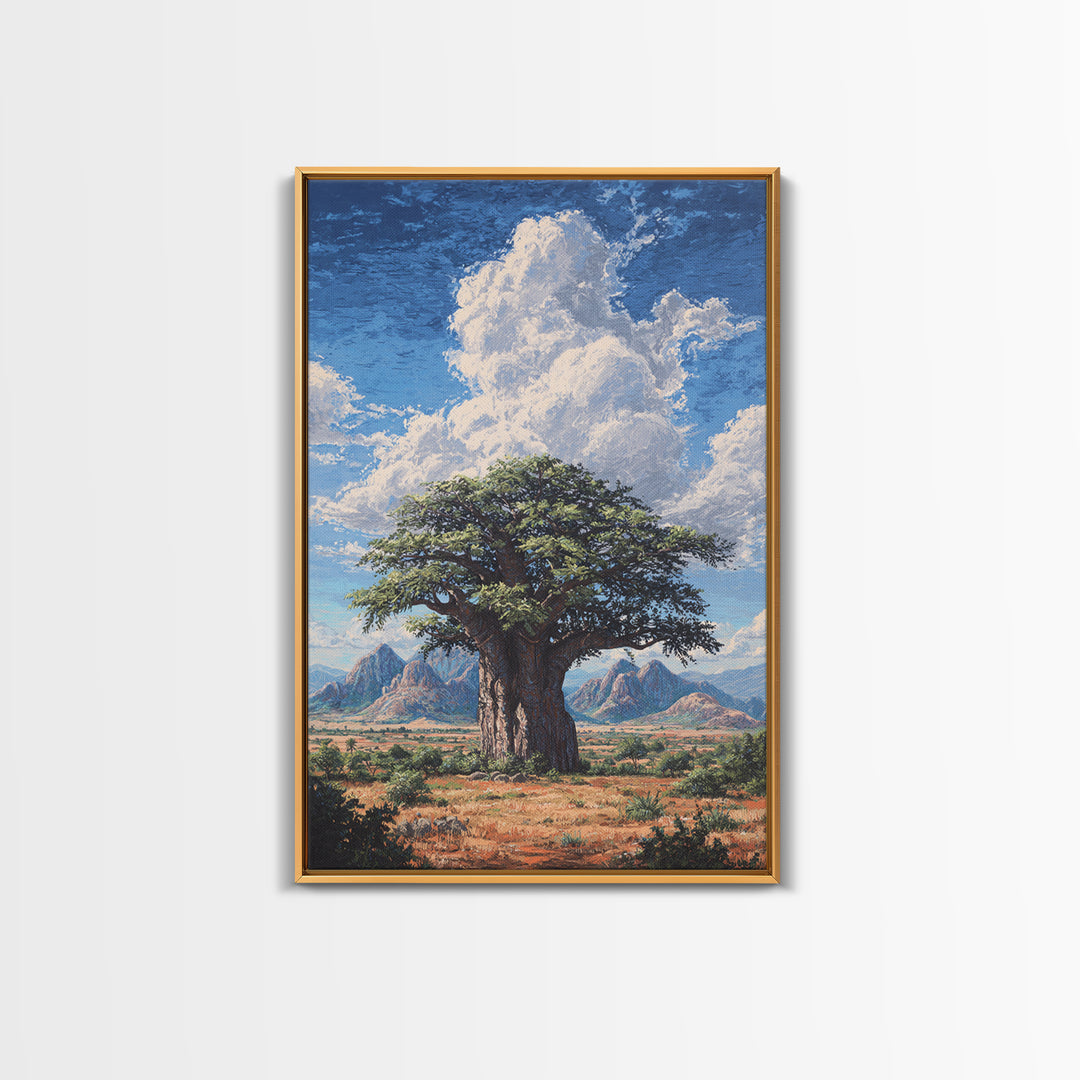 Ancient Baobab Under Towering Clouds Wall Art, African Safari Art, Desert Landscape Painting, Nature Scene Home Decor Gift
