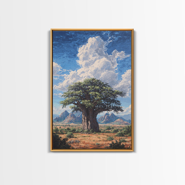 Ancient Baobab Under Towering Clouds Wall Art, African Safari Art, Desert Landscape Painting, Nature Scene Home Decor Gift