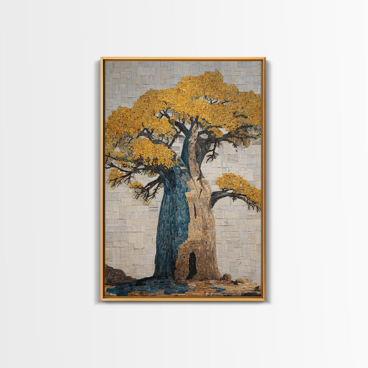 Blue And Gold Baobab Mosaic Framed Canvas Print, African Art Decor, Bold Artwork, Cultural Wall Decor, Statement Piece For Living Room