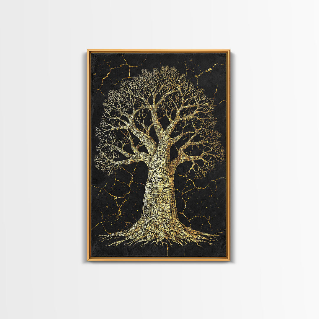 Golden Baobab Tree On Black Stone Wall Art, African Tree Print, Earth Tone Decor, Spiritual Nature Canvas For Living Room