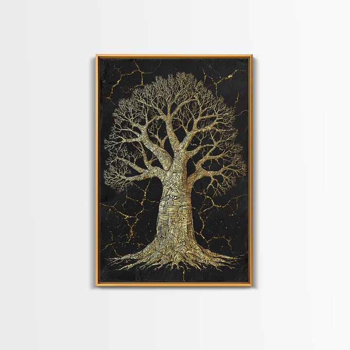Golden Baobab Tree On Black Stone Wall Art, African Tree Print, Earth Tone Decor, Spiritual Nature Canvas For Living Room