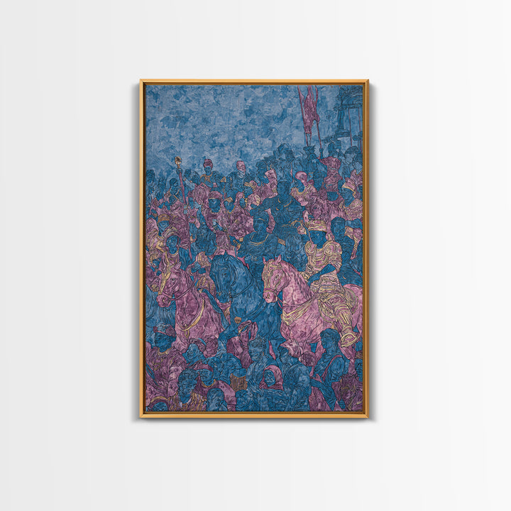 Purple Blue African Cavalry Battle Canvas Print, Warrior Procession Art, Historic Tribal Scene, Bold Statement Wall Decor