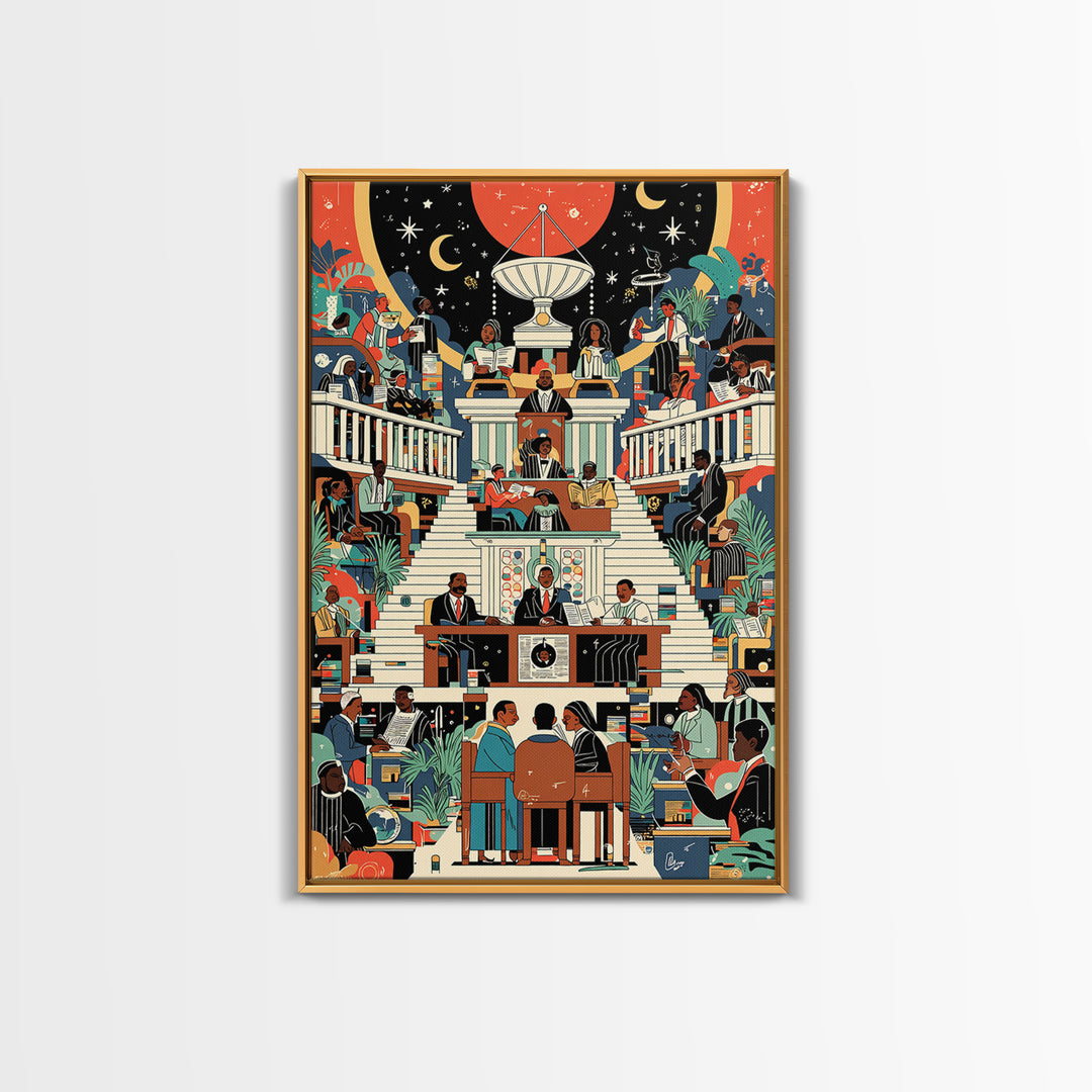 Afrofuturist Civic Assembly Wall Art, Black Culture Illustration, Modern African Decor, Colorful Statement Canvas Print Gift