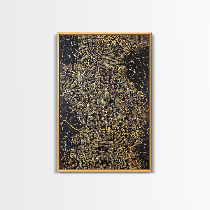 Gold Abstract African City Map Canvas Print, Geometric Tribal Pattern, Black And Gold Wall Art, Modern Office Decor Gift