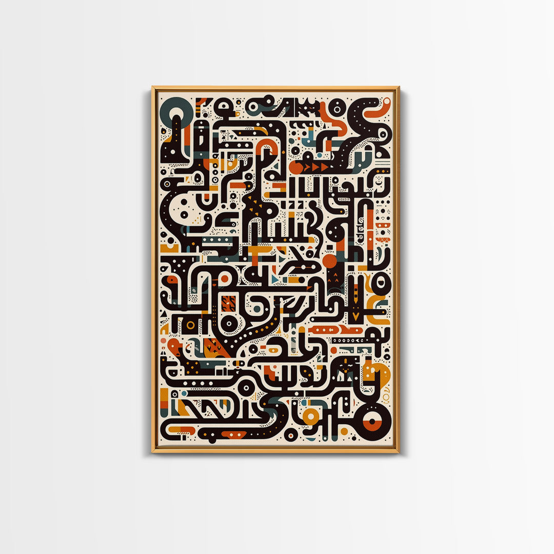 Ivory Black Orange Labyrinth Glyph Wall Art, Modern African Art Abstract, Boho Tribal Decor, Geometric Canvas Print For Home Decor