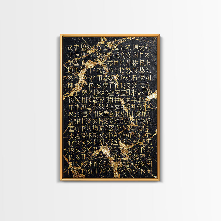 Black Marble Gold Script Wall Art, Ancient African Inspired Symbols, Luxury Abstract Canvas Print, Spiritual Home Decor Gift