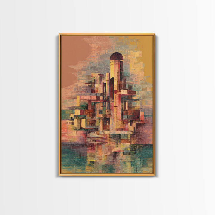 Abstract Futurist Tower City Canvas Print, Modern Geometric Architecture Art, Terracotta Teal Statement Wall Decor Gift For Him
