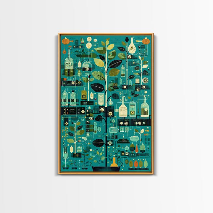 Botanical Science Laboratory Wall Art, Teal Green Plant Illustration, Modern Digital Art For Office Decor And Unique Gift