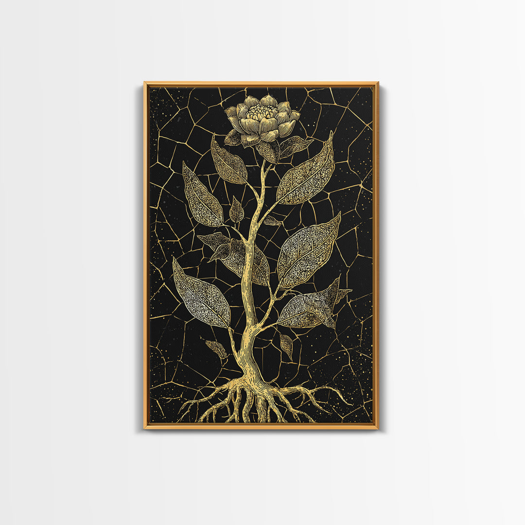 Gold Botanical Rose Canvas Print, Black And Gold Floral Line Art, Elegant Minimalist Wall Decor For Bedroom Home Decor Gift