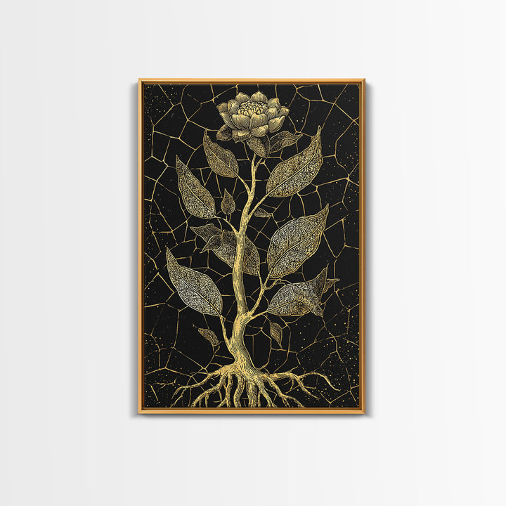 Gold Botanical Rose Canvas Print, Black And Gold Floral Line Art, Elegant Minimalist Wall Decor For Bedroom Home Decor Gift