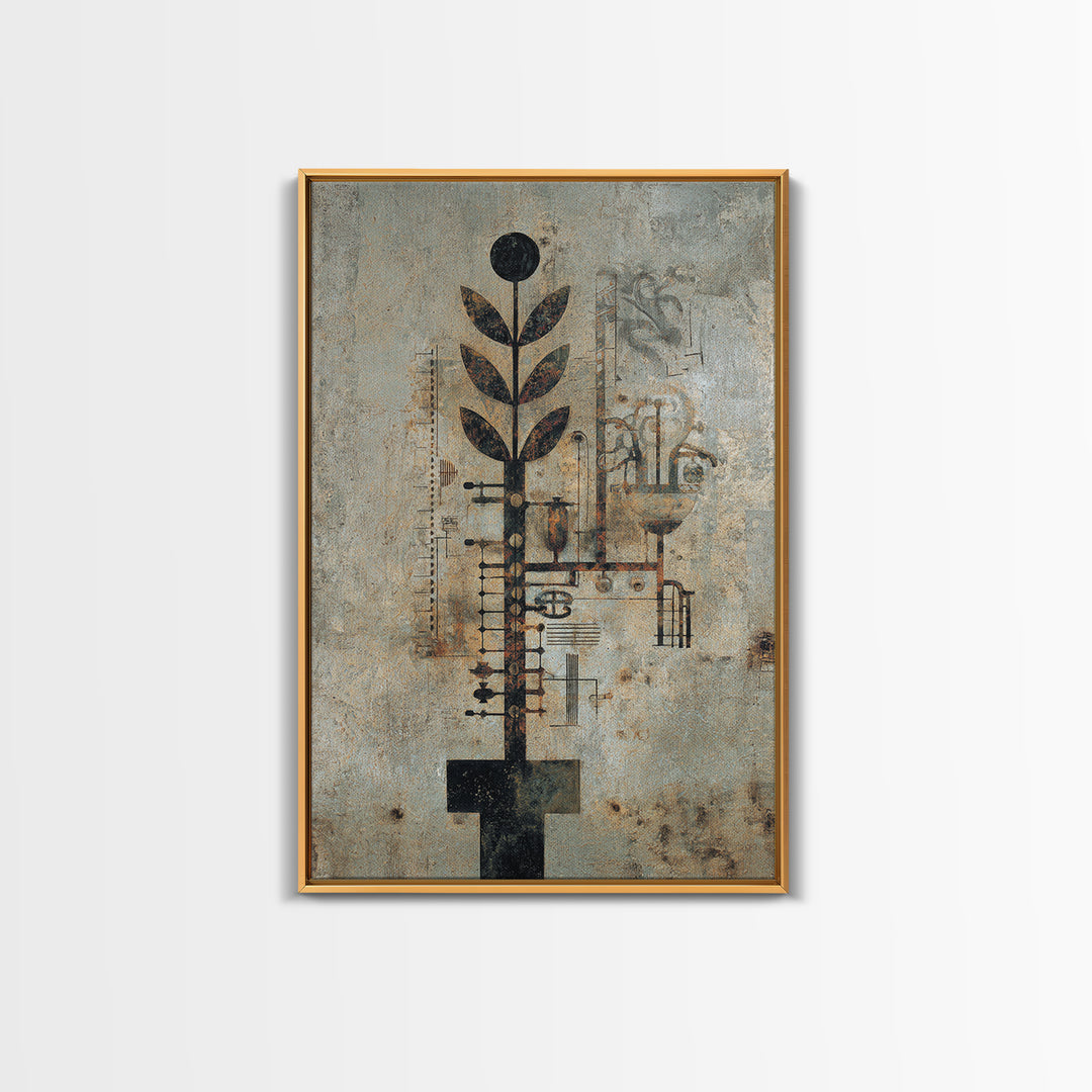 Rustic Industrial Botanical Wall Art, Abstract Plant Machinery Painting, Earth Tone Textured Art Print For Modern Office Decor