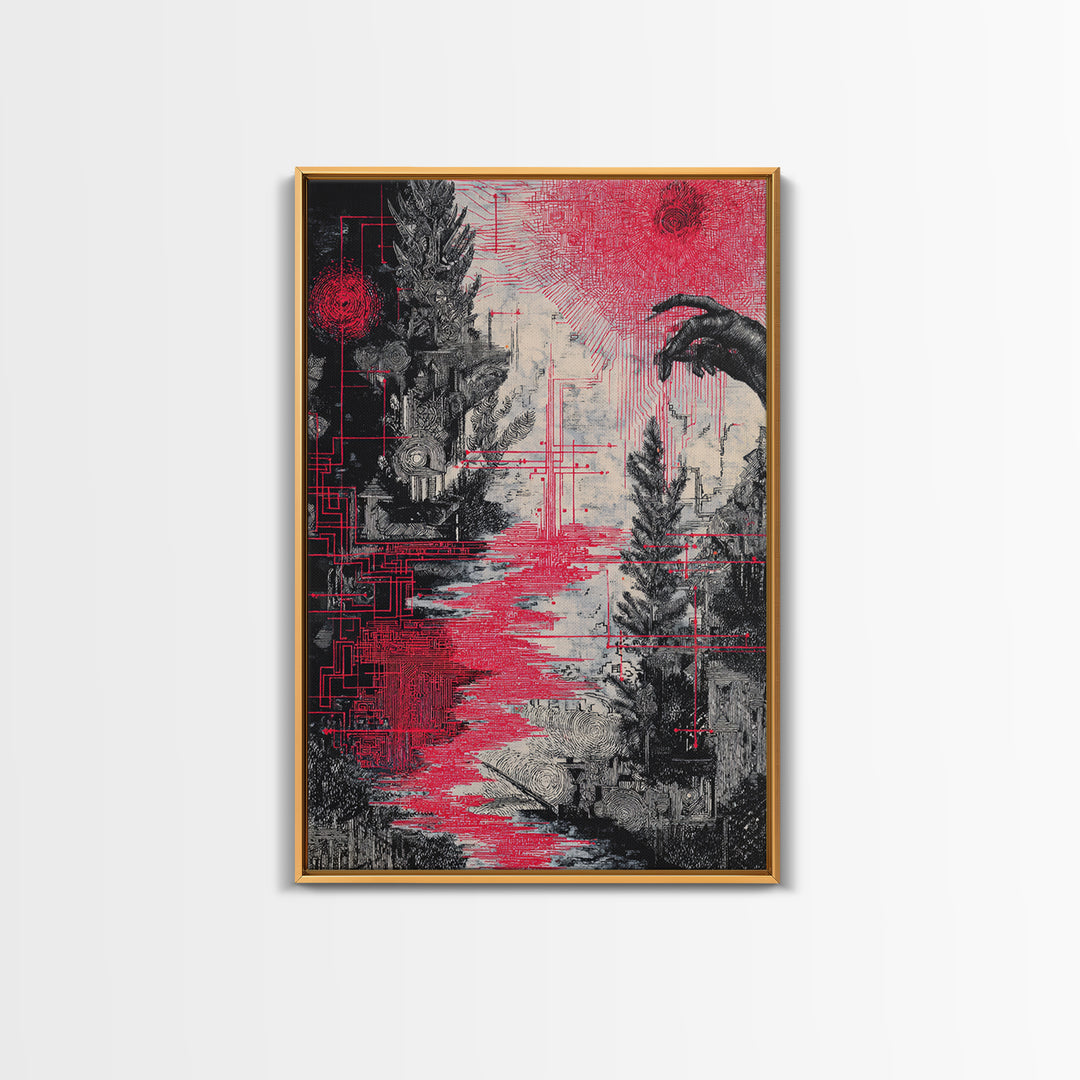 Surreal Red And Black Landscape Canvas Print, Mystical Abstract Art, Gothic Nature Scene Art For Bold Modern Wall Decor Gift