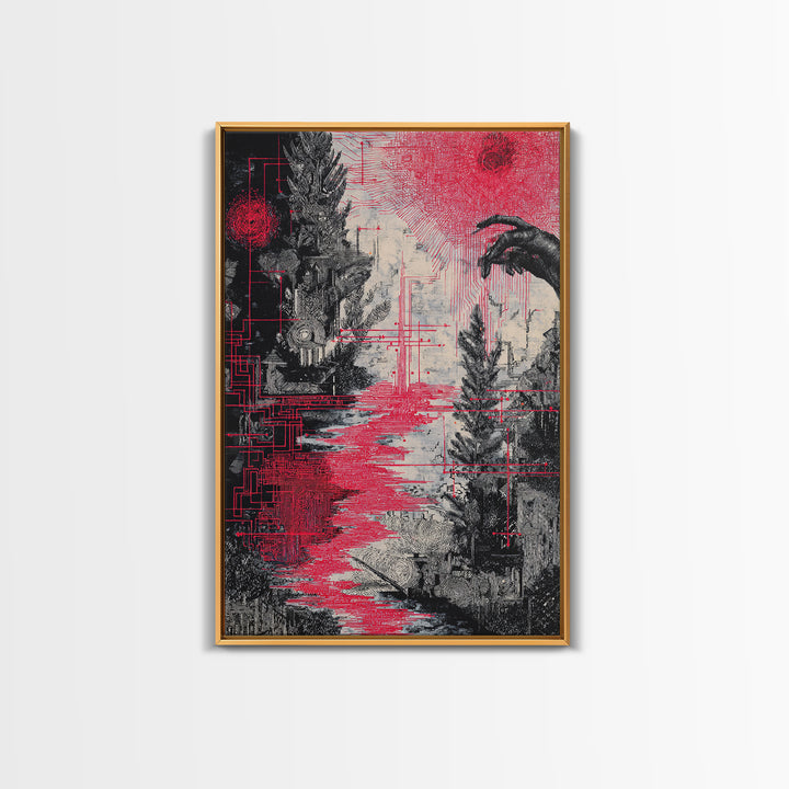 Surreal Red And Black Landscape Canvas Print, Mystical Abstract Art, Gothic Nature Scene Art For Bold Modern Wall Decor Gift