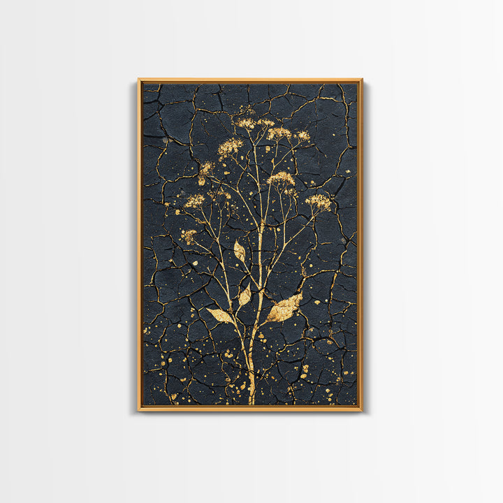 Gold Wildflower On Cracked Black Wall Art, Elegant Botanical Art Print, Black And Gold Design For Bedroom Home Decor Gift