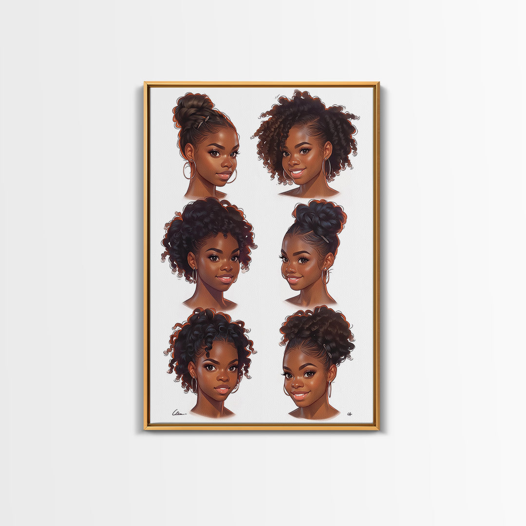 Six Black Women Hairstyle Portraits Wall Art, Afrocentric Beauty Print, Black Girl Magic Decor, Melanin Gift For Her, Home Decor