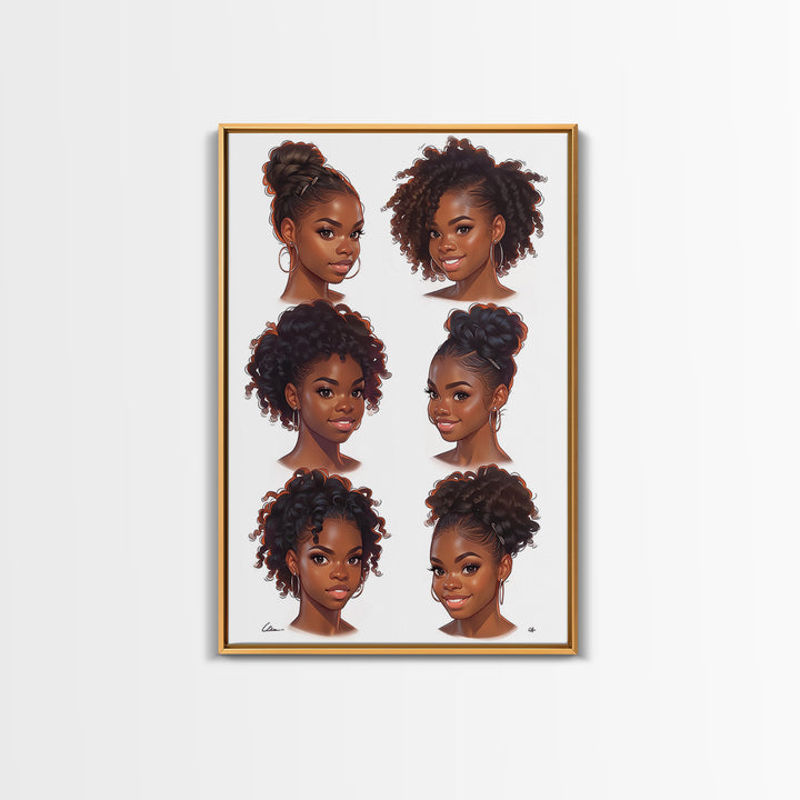 Six Black Women Hairstyle Portraits Wall Art, Afrocentric Beauty Print, Black Girl Magic Decor, Melanin Gift For Her, Home Decor