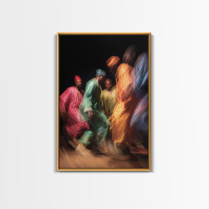 Colorful African Dancers In Flowing Robes Framed Canvas Print, Cultural Celebration Art, Vibrant Ethnic Wall Decor Gift Idea