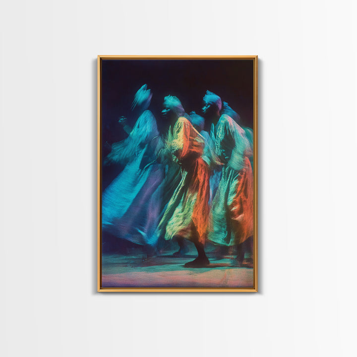 Blue And Orange African Robed Dancers Canvas Print, Spiritual Motion Art, Cultural Wall Decor, Vibrant Afrocentric Gift Idea
