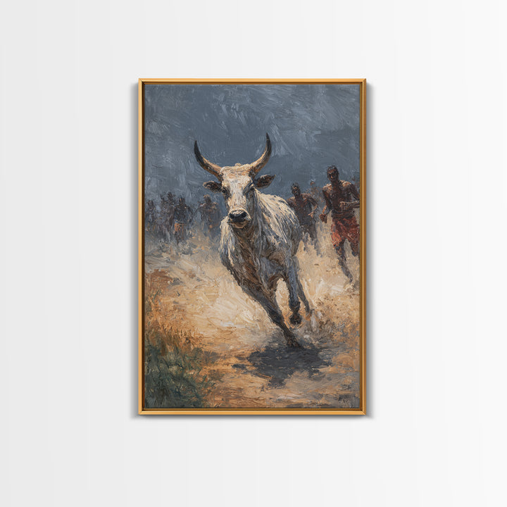 Charging White Bull And Dusty Runners Framed Canvas Print, African Warrior Art, Safari Cattle Race, Rustic Home Decor, Statement Wall Decor