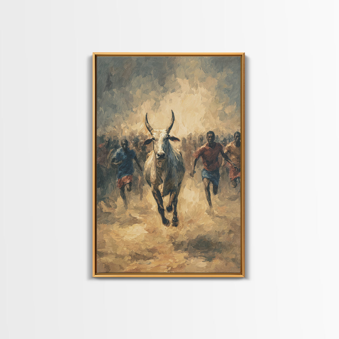 White Bull Racing Through Dust With Runners Framed Canvas Print, African Safari Art, Tribal Warrior Decor, Living Room Wall Art