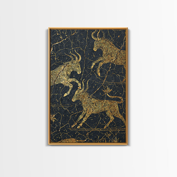 Gold Antelope Herd On Cracked Black Stone Canvas Print, African Animal Art, Tribal Line Drawing, Luxury Safari Wall Decor