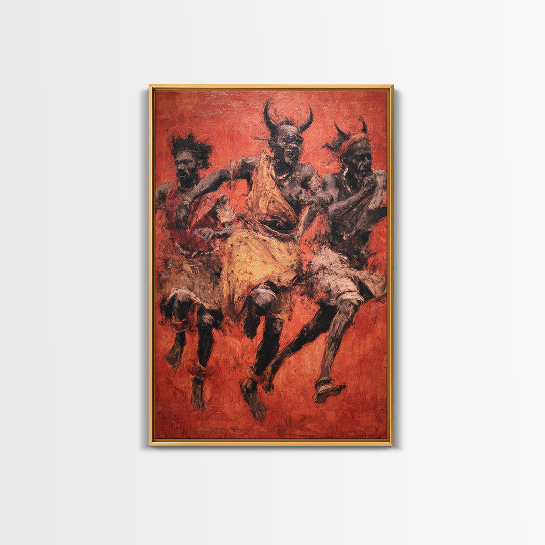 Red Ochre Tribal Dancers With Horned Masks Canvas Print, African Warrior Art, Cultural Wall Decor, Expressive Home Decor