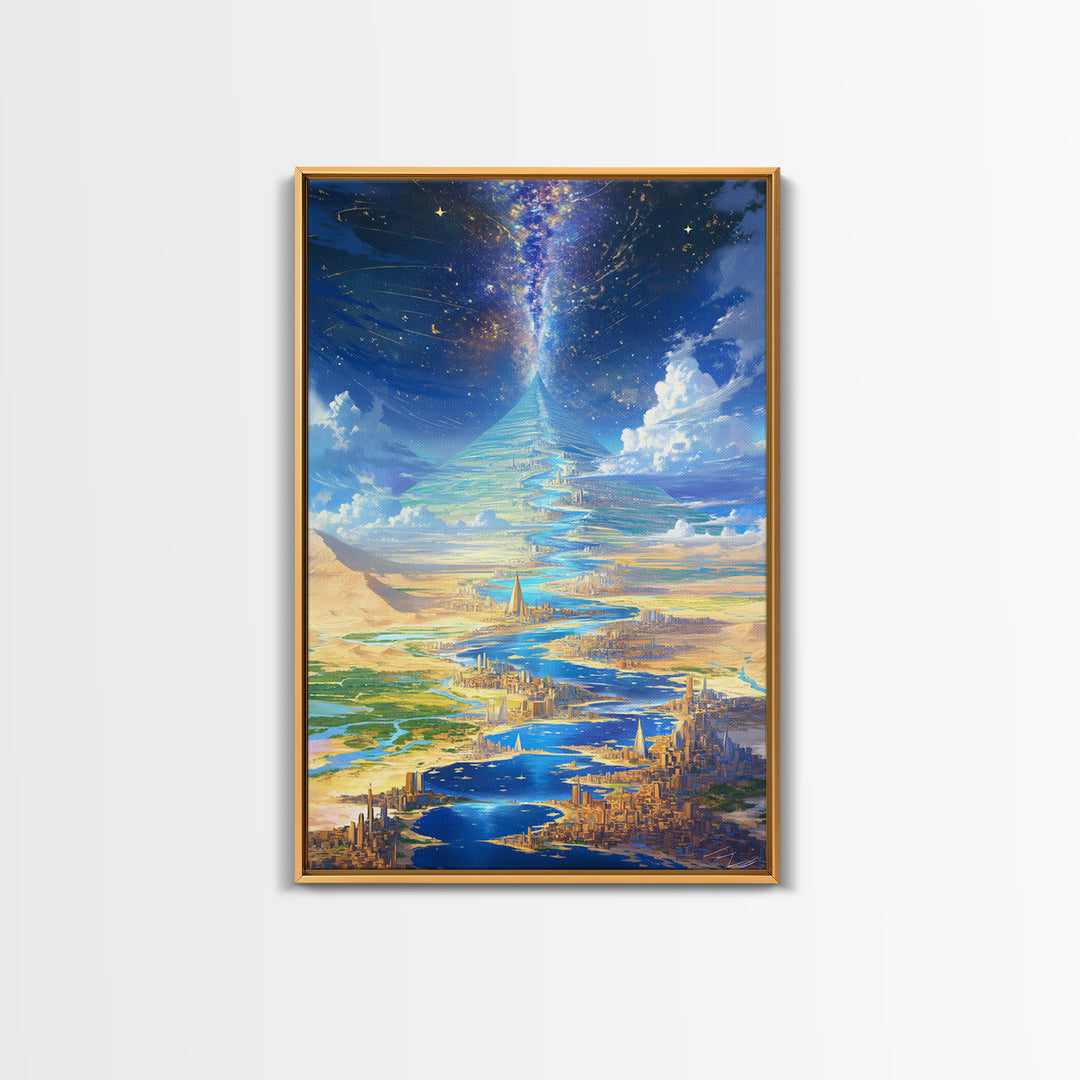Celestial Pyramid City Beside Blue River Wall Art, African Egyptian Art, Afrofuturism Decor, Dreamy Spiritual Landscape Print