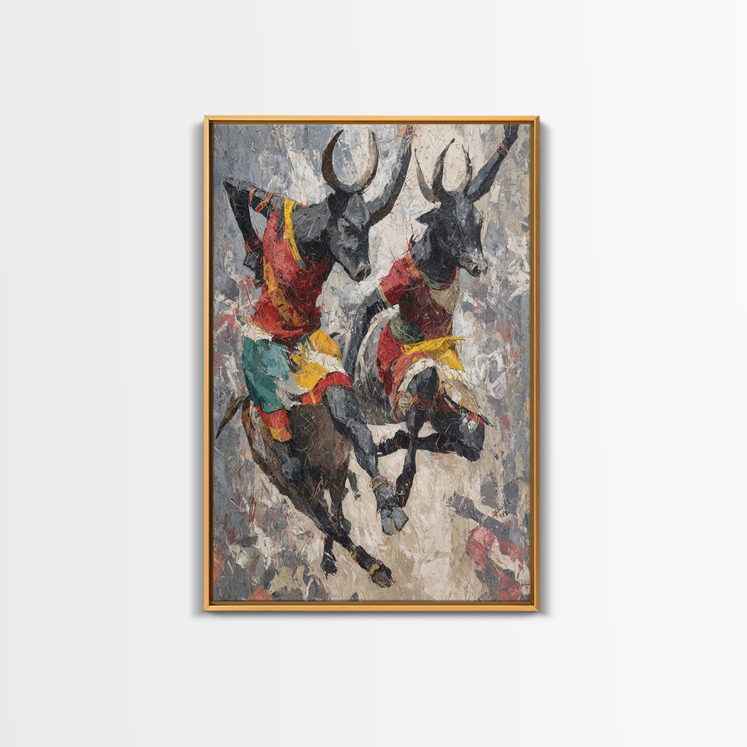 Colorful African Bull Riders Wall Art, Abstract African Art Print, Tribal Safari Decor, Cultural Living Room Canvas Gift