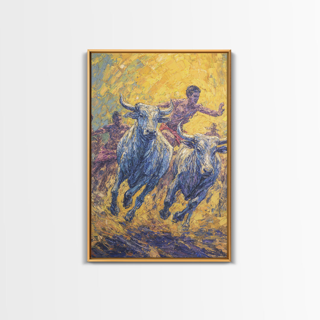 Charging Blue Bulls And Riders Canvas Print, Modern African Art, Warrior Safari Decor, Bold Cultural Wall Decor Gift For Him