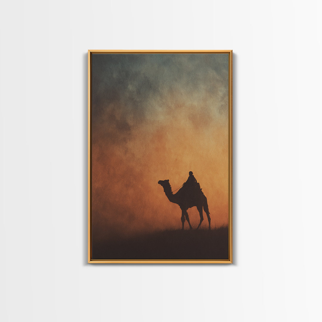 Solitary Camel Rider Wall Art, African Desert Sunset, Boho Safari Art Print, Earth Tone Bedroom Decor, Housewarming Gift