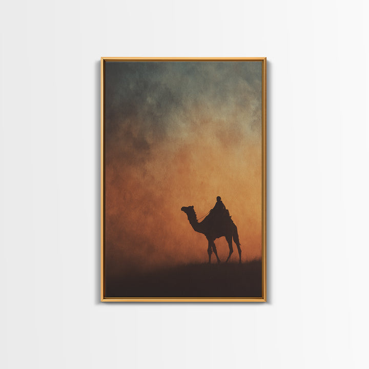 Solitary Camel Rider Wall Art, African Desert Sunset, Boho Safari Art Print, Earth Tone Bedroom Decor, Housewarming Gift