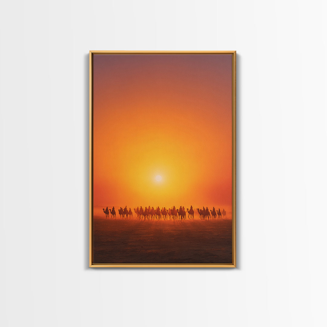Sunset Camel Caravan Wall Art, African Safari Art, Orange Desert Landscape Poster, Statement Living Room Decor Gift For Him