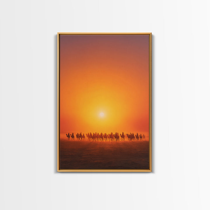 Sunset Camel Caravan Wall Art, African Safari Art, Orange Desert Landscape Poster, Statement Living Room Decor Gift For Him