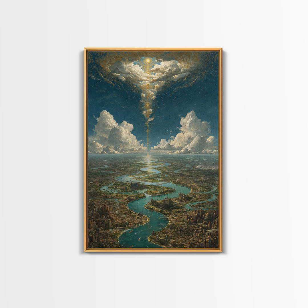 Celestial River City Under Radiant Clouds Wall Art, Dreamy Landscape Canvas Print, Spiritual Sky Decor, Large Home Art Gift