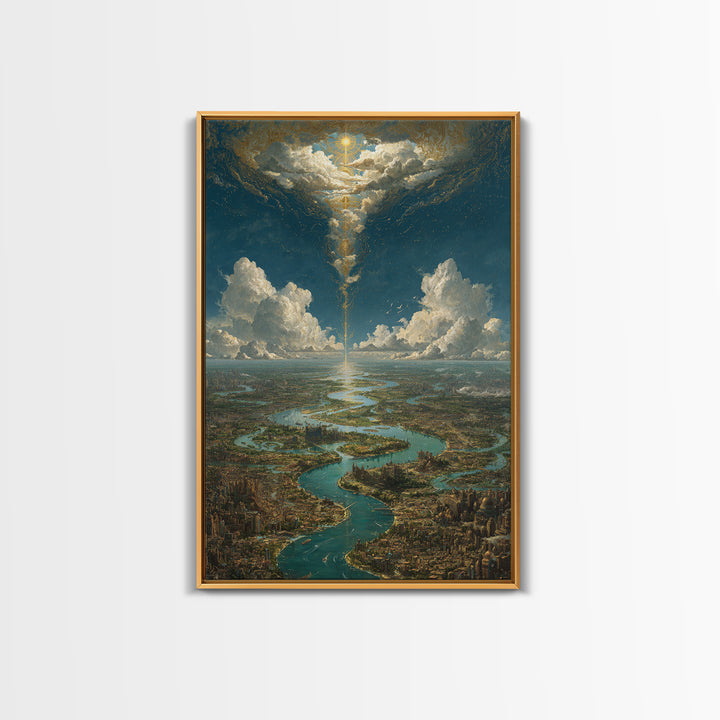Celestial River City Under Radiant Clouds Wall Art, Dreamy Landscape Canvas Print, Spiritual Sky Decor, Large Home Art Gift