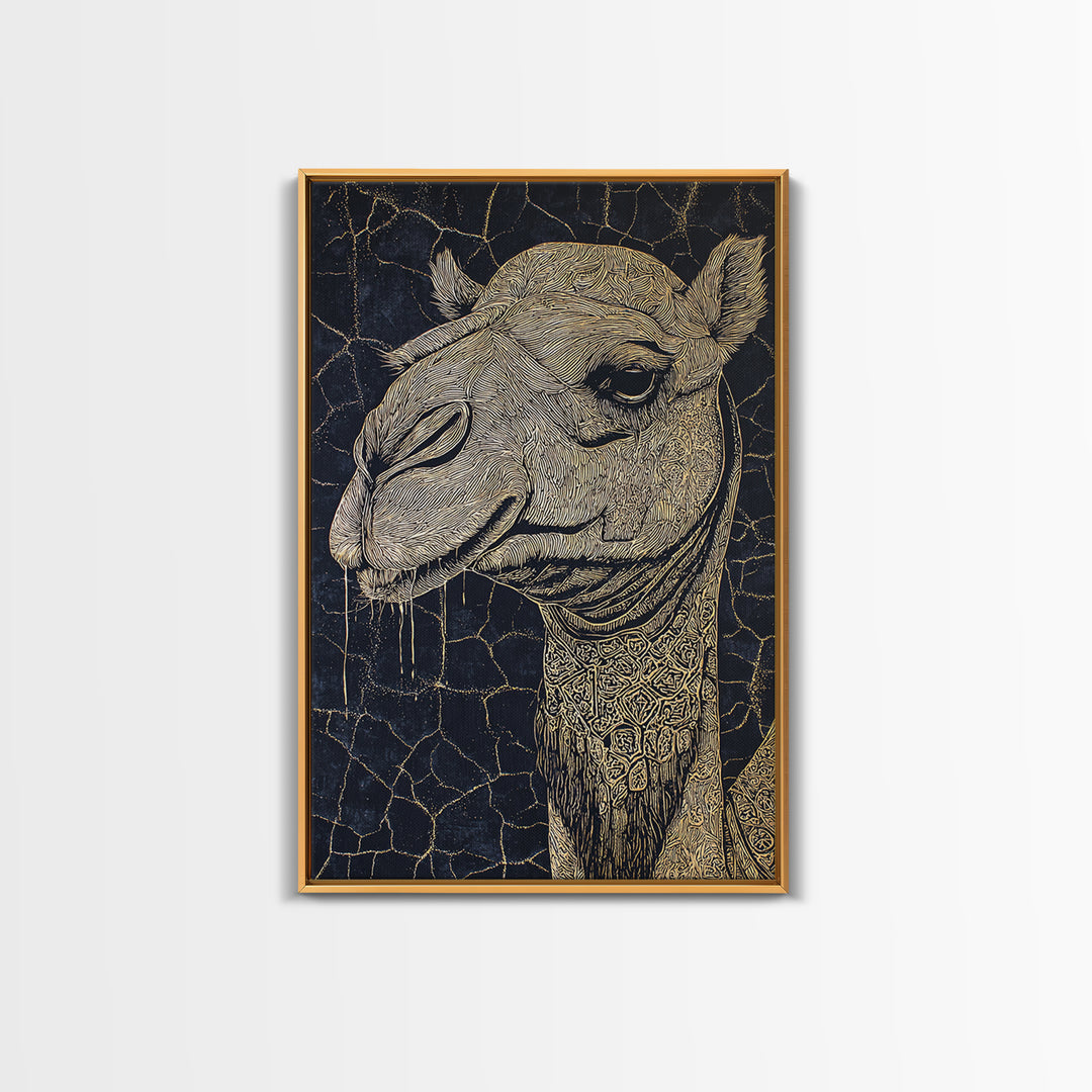 Intricate Gold Camel Portrait Canvas Print, African Safari Wall Art, Black And Gold Animal Art, Boho Desert Home Decor Gift