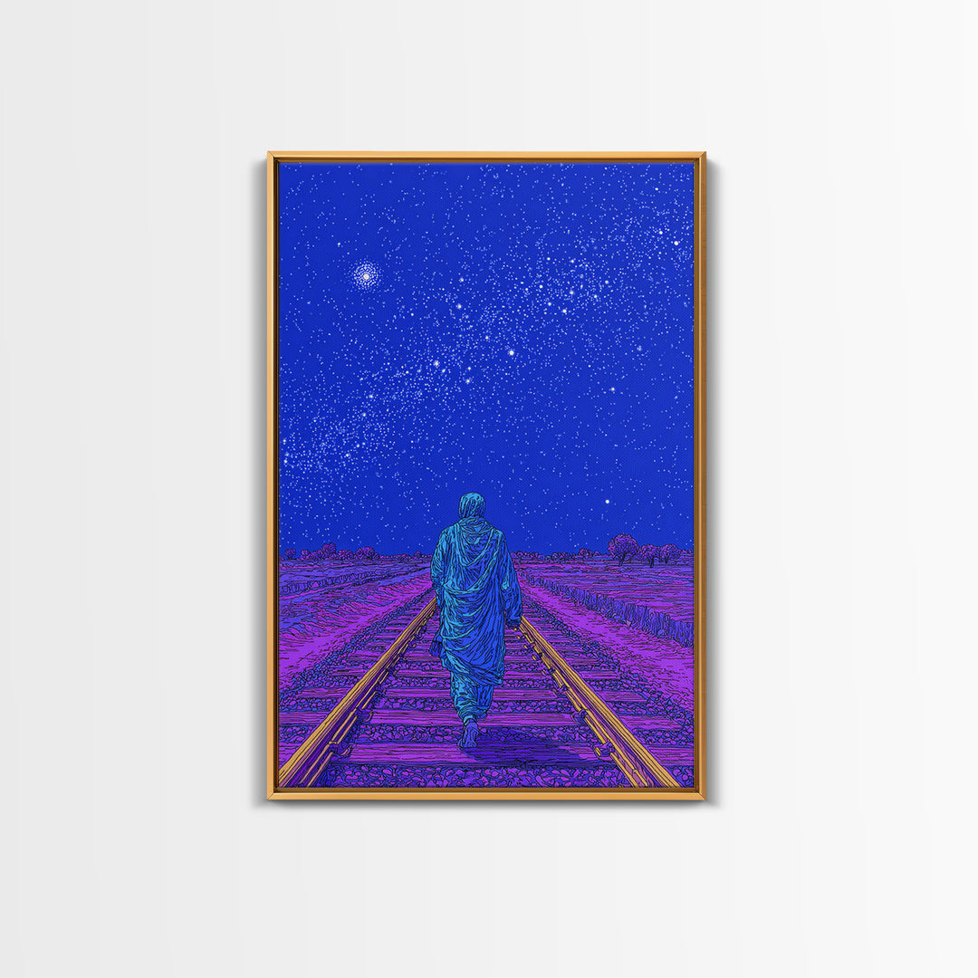 Lone Traveler On Neon Railroad Under Starry Sky Wall Art, Afrofuturism Canvas Print, Mystical Journey Decor, Blue Poster
