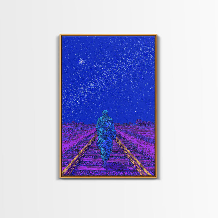 Lone Traveler On Neon Railroad Under Starry Sky Wall Art, Afrofuturism Canvas Print, Mystical Journey Decor, Blue Poster