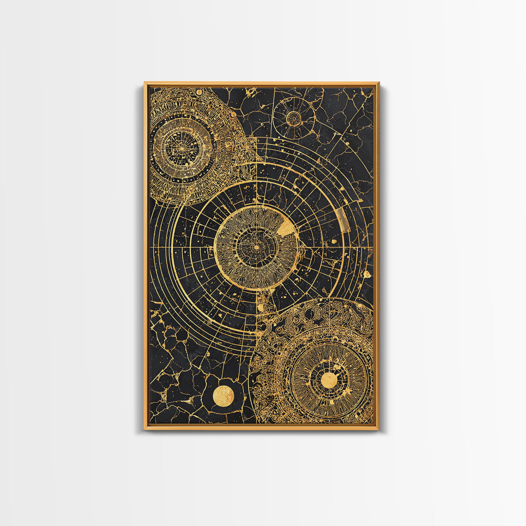Gold Astronomical Circles On Black Stone Wall Art, Celestial Abstract Canvas Print, Luxury Geometric Decor, Modern Office Art
