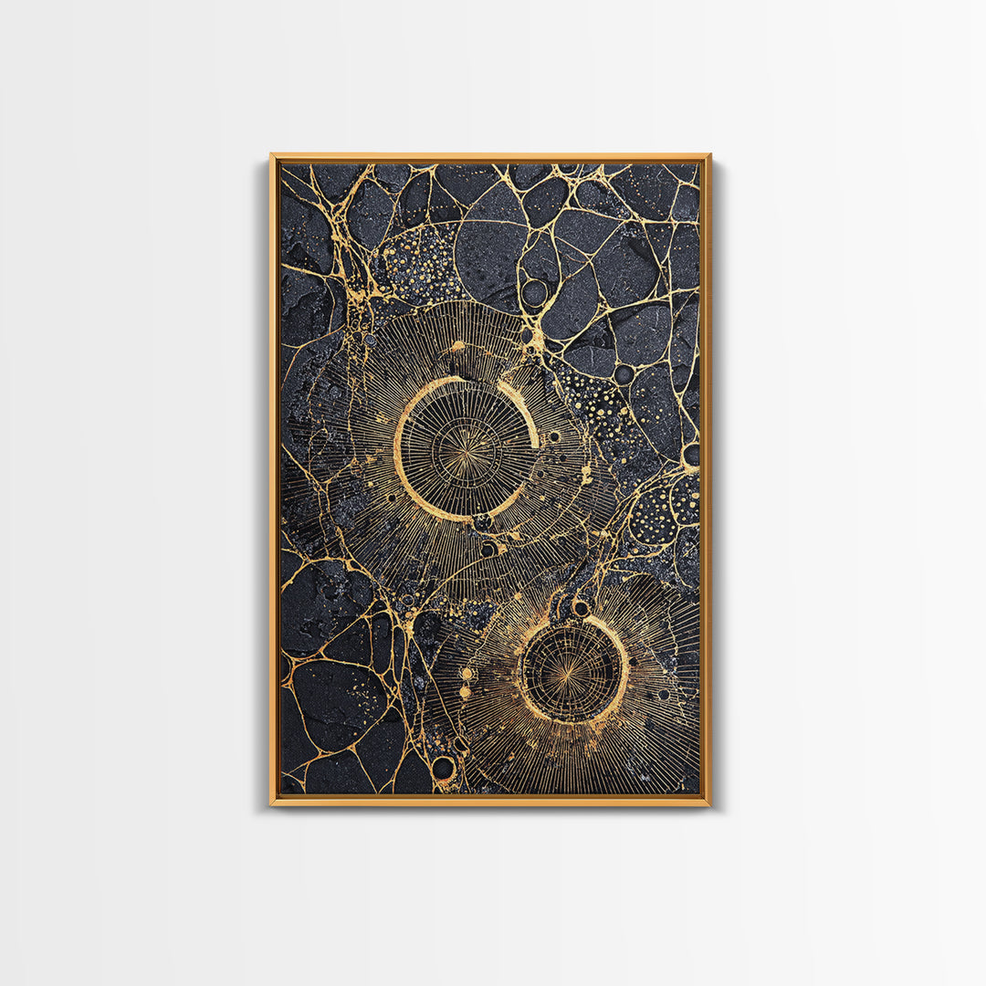 Black Gold Cellular Circles Abstract Wall Art, Textured Celestial Canvas Print, Luxury Modern Decor, Statement Office Art