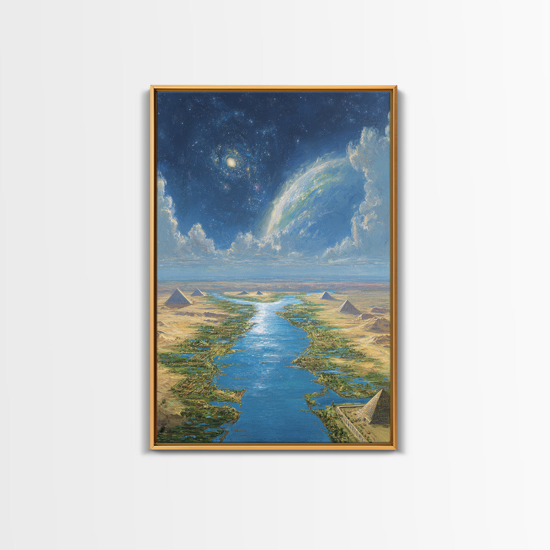 Cosmic Nile Pyramids Landscape Framed Canvas Print, African Egyptian Art, Desert River Wall Decor, Mystical Ancient Artwork