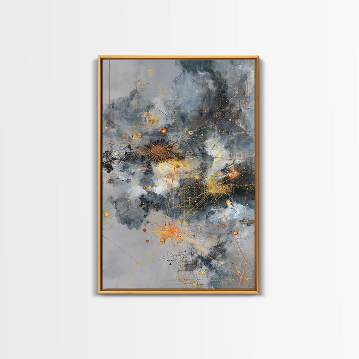 Stormy Gray Gold Network Canvas Print, Abstract African Art Decor, Modern Office Wall Art, Industrial Geometric Line Artwork