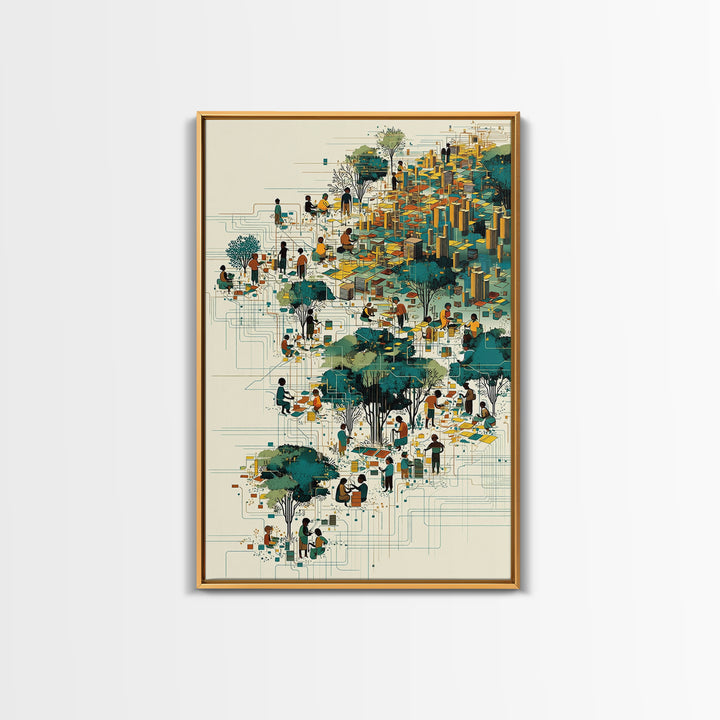 Vibrant African City Community Wall Art, Afrocentric Urban Landscape, Black Culture Art, Modern Teal Gold Decor Canvas Print