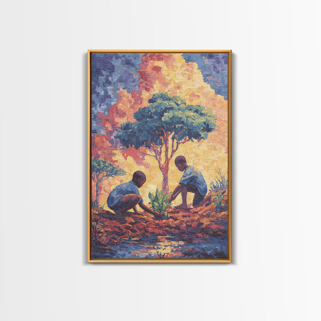 Two Boys Plant Saplings By River Under Acacia Tree Wall Art, African Landscape, Afrocentric Decor, Earth Tone Home Decor