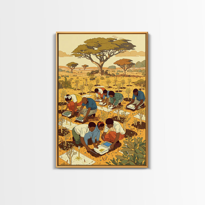 Children Planting Saplings In Golden Savanna Canvas Print, African Safari Art, Classroom Decor, Cultural Artwork Gift For Kids