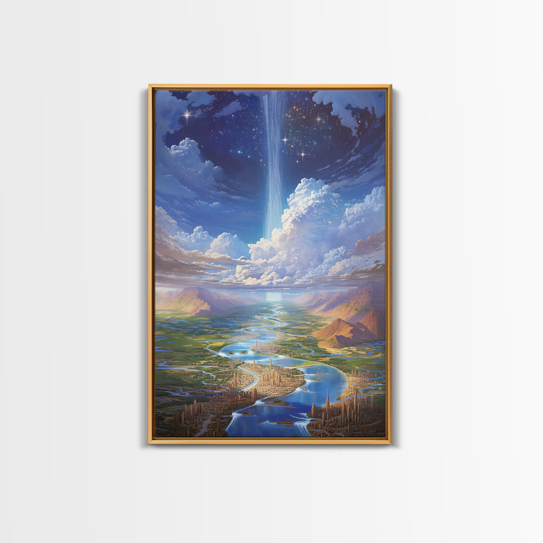 Celestial River City With Starry Waterfall Canvas Print, Dreamy Wall Art, Blue Home Decor Gift, Large Decor Art, Statement Wall Art