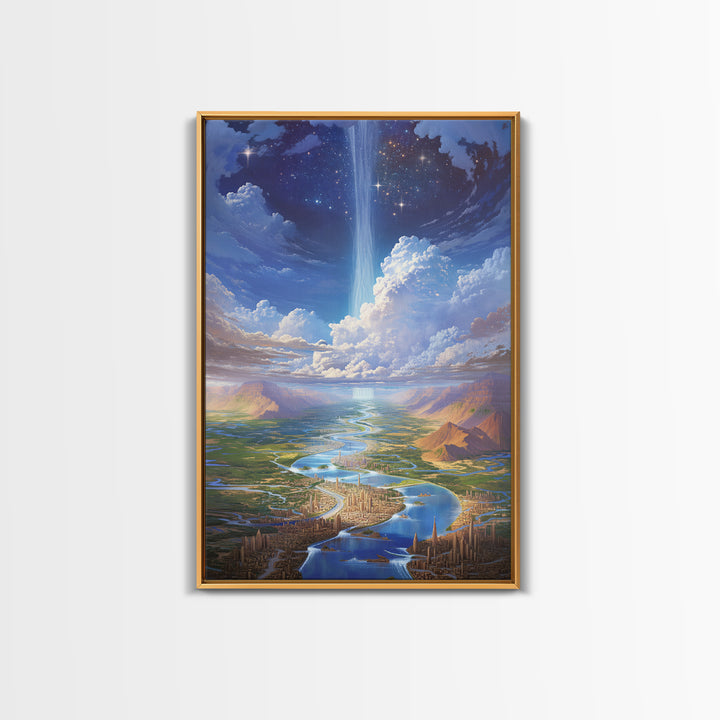 Celestial River City With Starry Waterfall Canvas Print, Dreamy Wall Art, Blue Home Decor Gift, Large Decor Art, Statement Wall Art