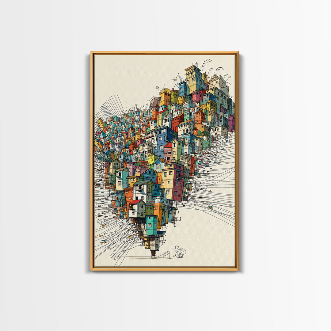 Stacked Colorful Hillside Houses Framed Canvas Print, Urban Wall Art, Geometric Design, Bold Home Decor Gift, Statement Wall Art